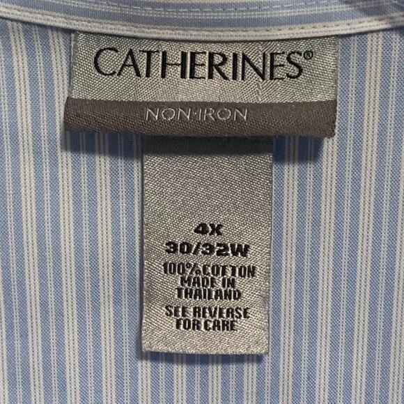 CATHERINES 4X 30/32W Non-Iron Button Down Blouse Blue Stripe 100% Cotton Preppy - Picture 2 of 6